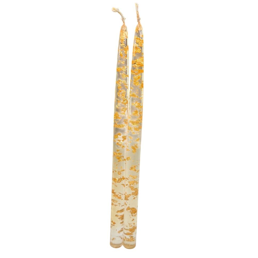 Vintage Lucite Taper Faux Candle Pair Clear Acrylic Gold Leaf/Fleck MCM Decor